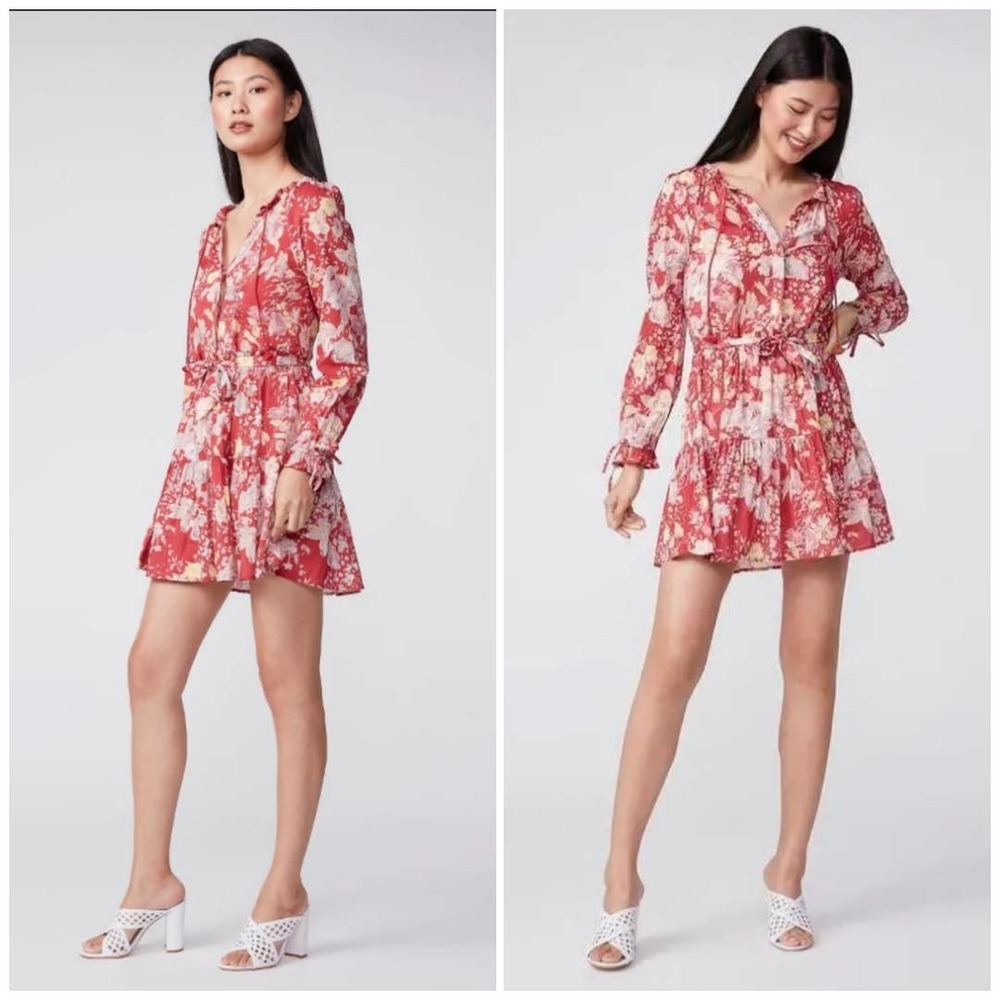 Paige - Evanne Red Floral Lightweight Long Sleeve Mini Dress - Size Medium